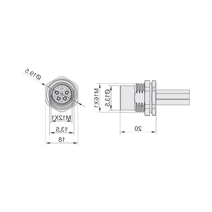 M12 5Pin L-coded, straight female head, flange socket, plate rear installation, suitable for field welding installation, 64LB01H